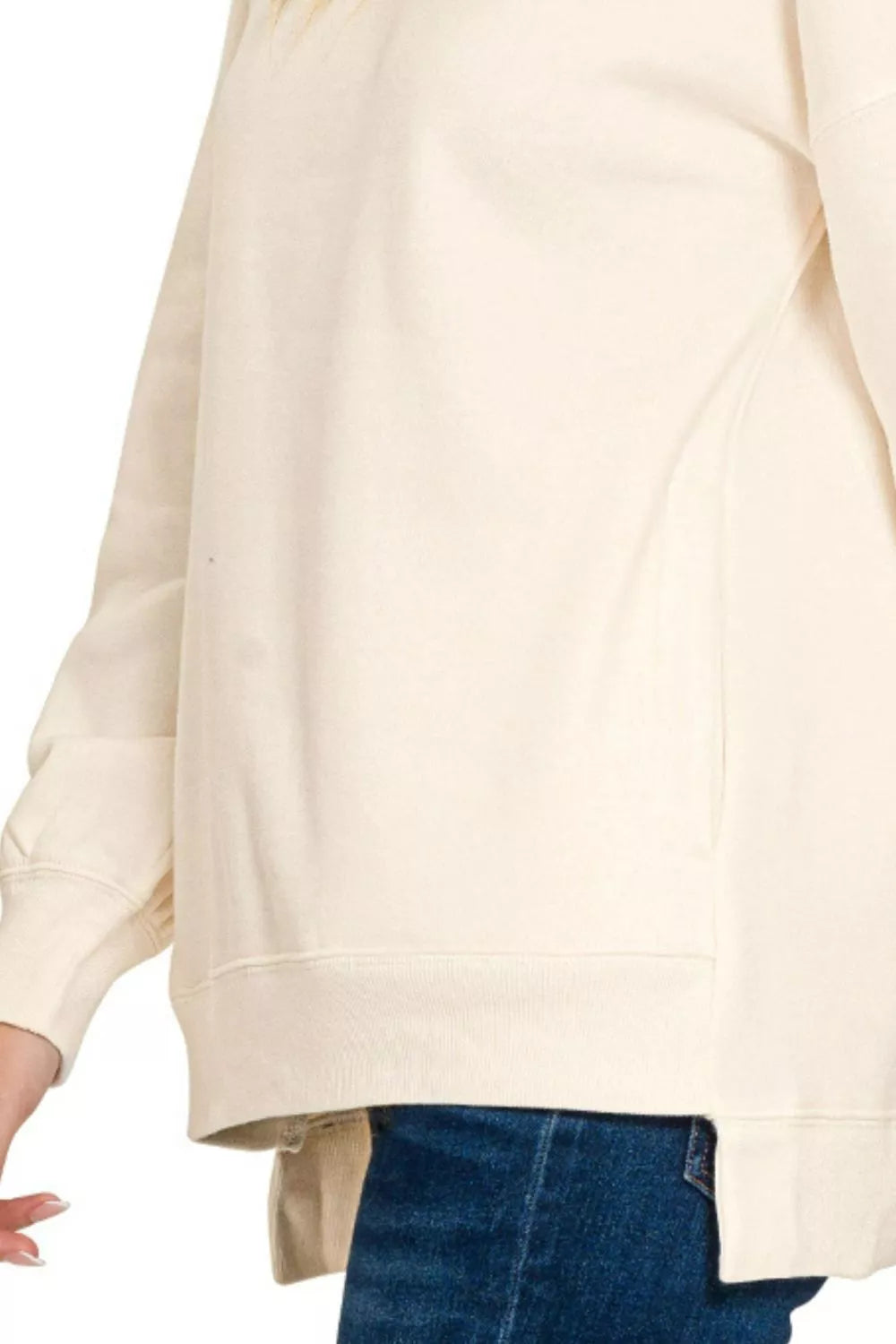 Zenana Fleece Hi-Low Boyfriend Sweatshirt with Pockets - Cream