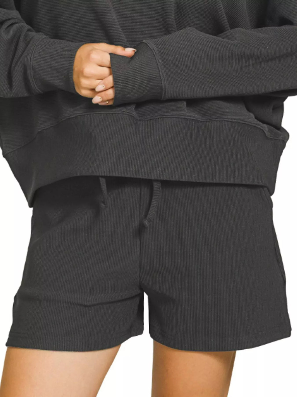 Zenana Ribbed Round Neck Pullover and Shorts Set in Black