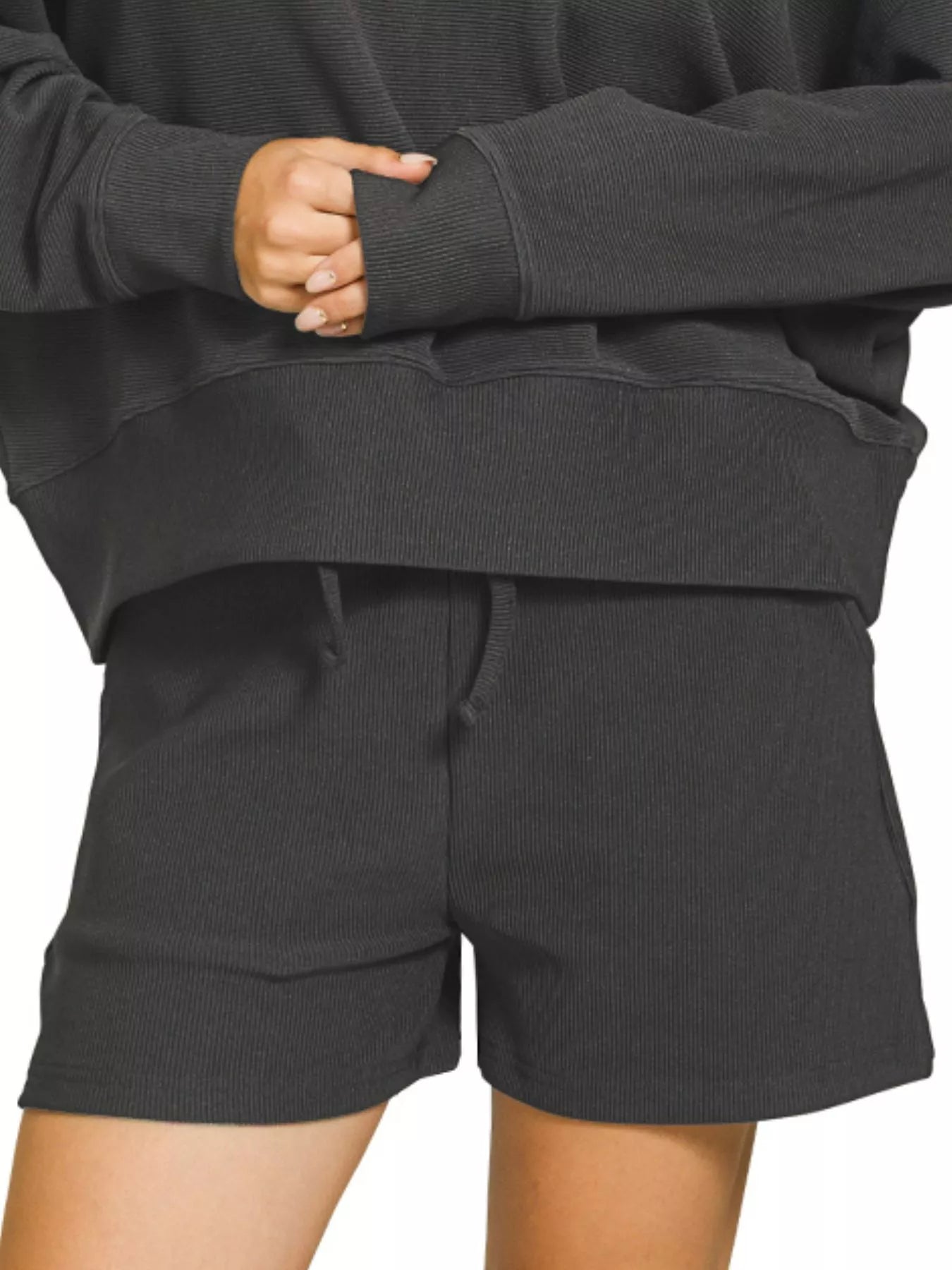 Zenana Ribbed Round Neck Pullover and Shorts Set in Black