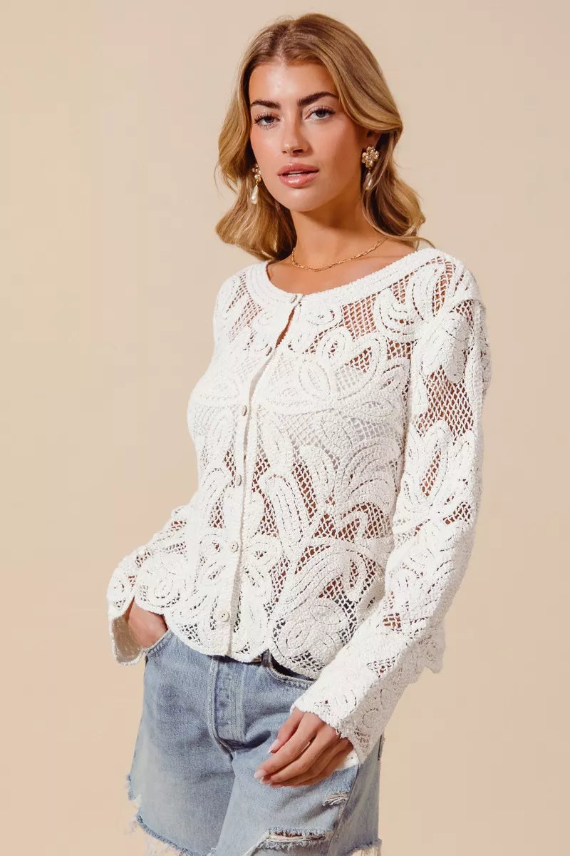 Button Front Crochet Floral Lace Cardigan