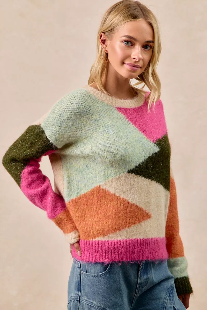 Multi Color Block Geometric Sweater