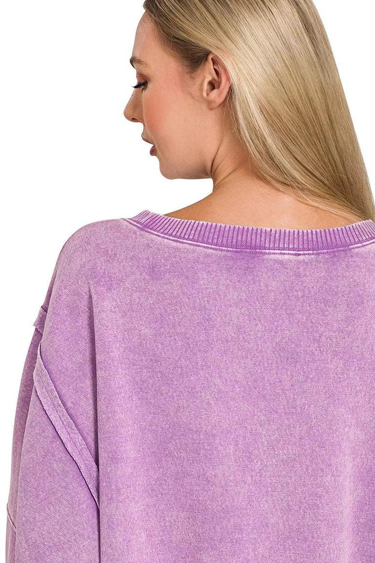 Zenana Acid Washed Batwing Sleeve Fleece Sweatshirt in Violet