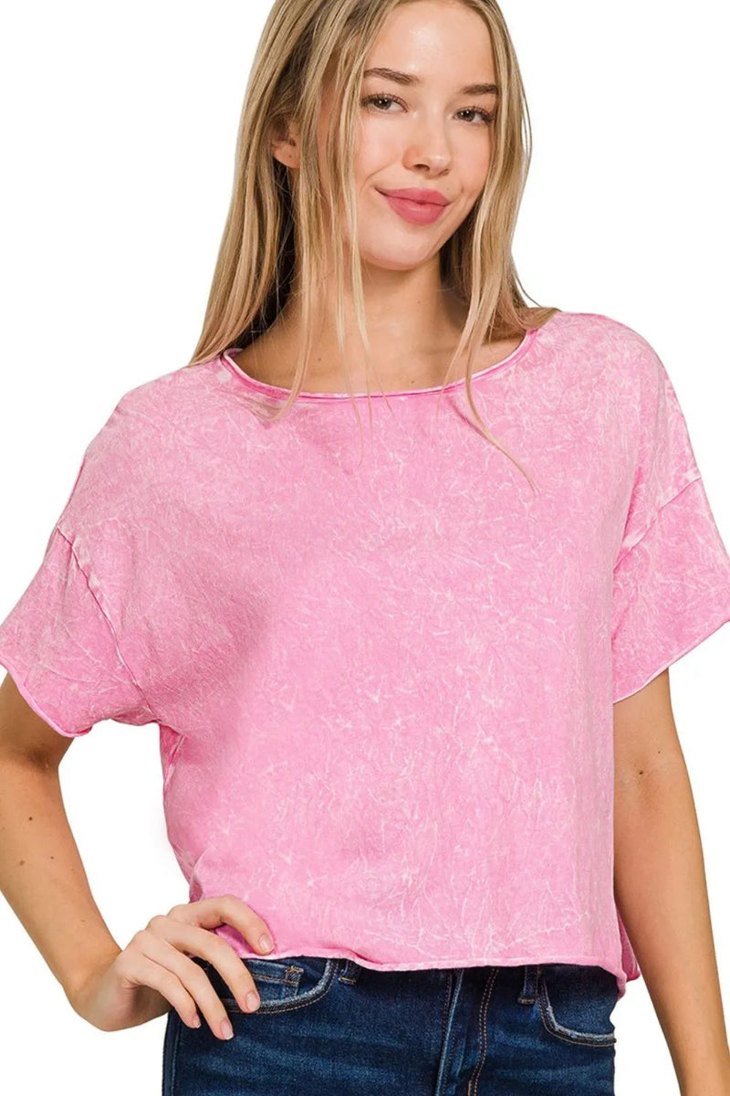 Zenana Washed Crew Neck Short Sleeve Crop Boxy Tee