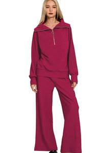 Ribbed High Neck Half Zip Pullover & Pants Set in Cabernet