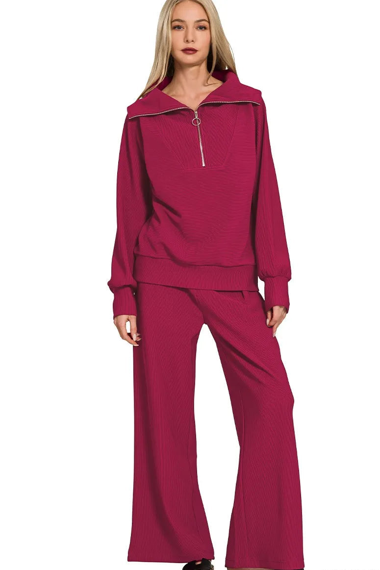 Ribbed High Neck Half Zip Pullover & Pants Set in Cabernet