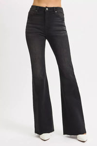Risen High Rise Black Denim Flare Jeans