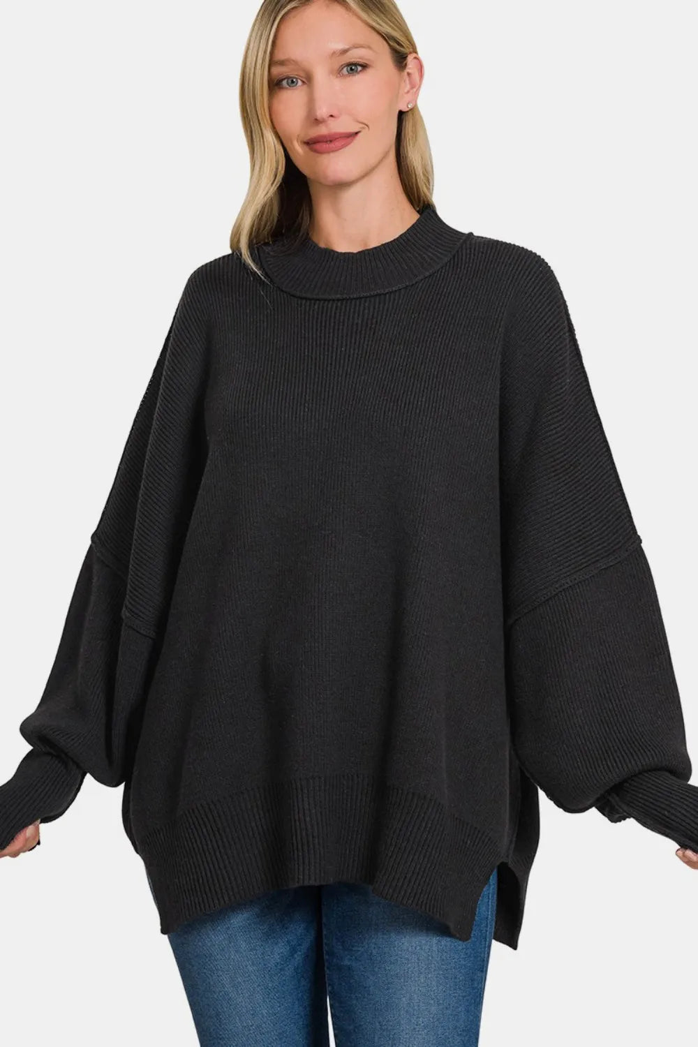 Slouchy Side Slit Oversized Sweater in Black
