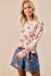 Bibi Floral Print Washed Waffle Knit Thermal Top