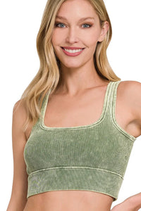 Zenana Washed Ribbed Seamless Square Neck Bra Top 