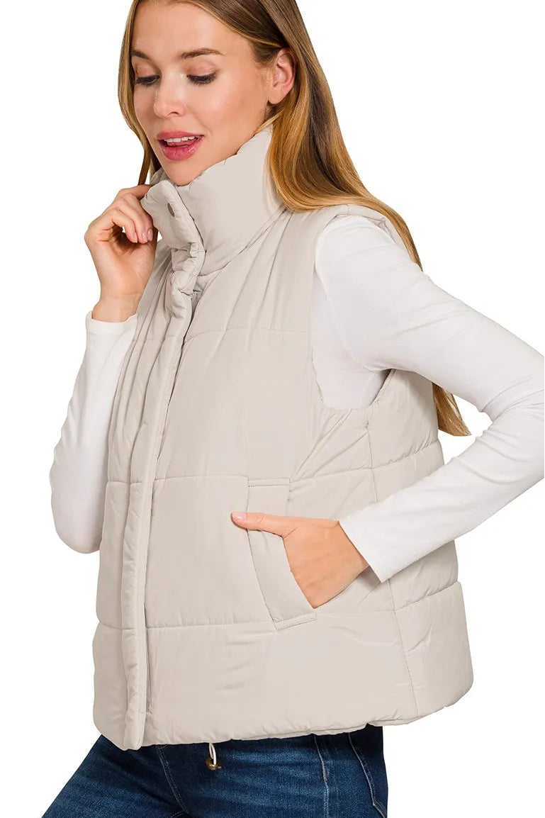 Zenana High Neck Zip-Up Vest Coat in Sand Beige