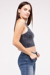 Mineral Wash Ribbed Cropped V-Neck Tank Top