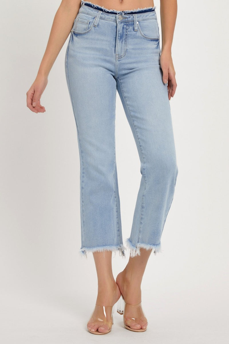 RISEN High Rise Raw Edge Crop Flare Jeans