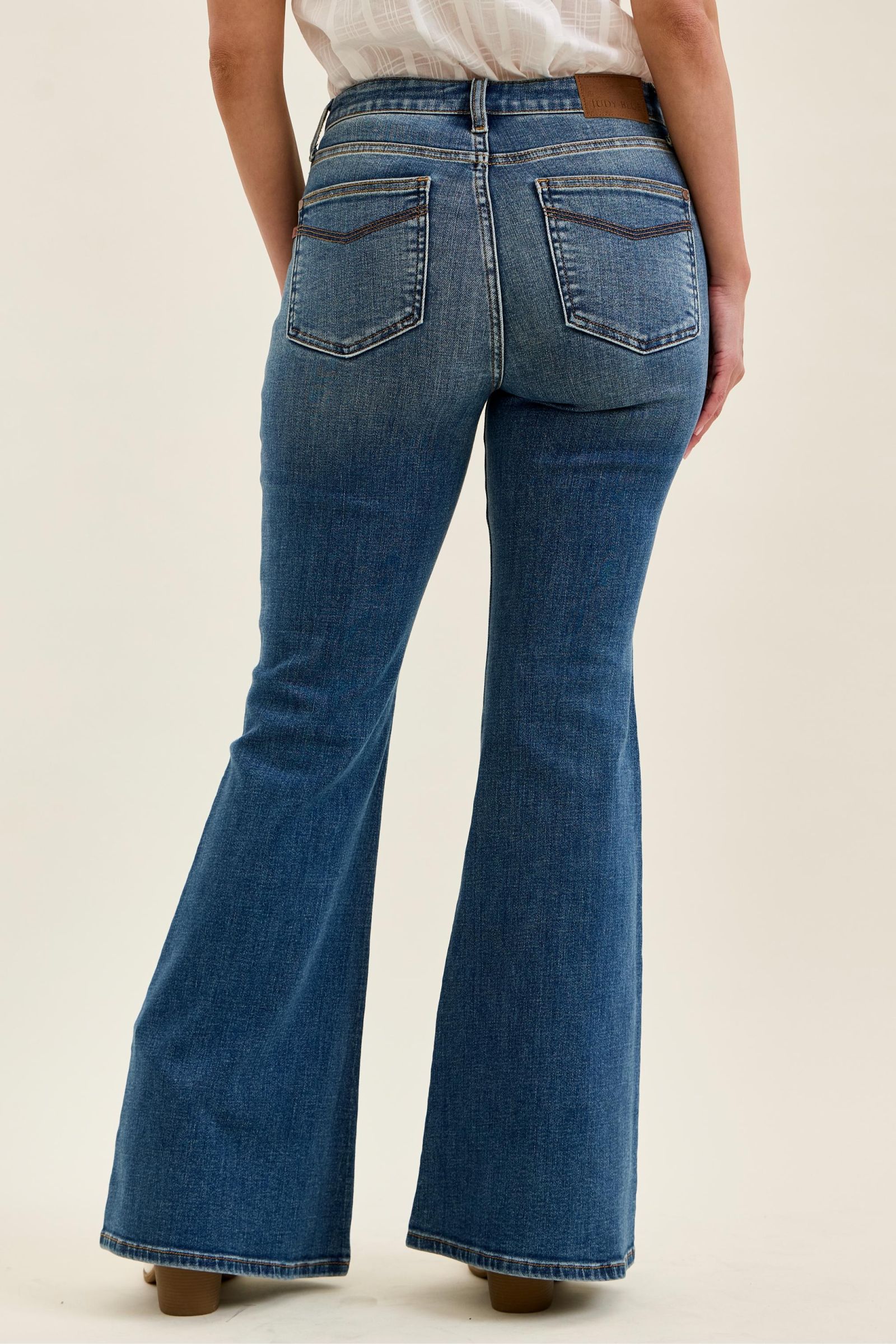 Judy Blue Mid Rise Jaqueline Flare Jeans with Embroidered Back Pockets