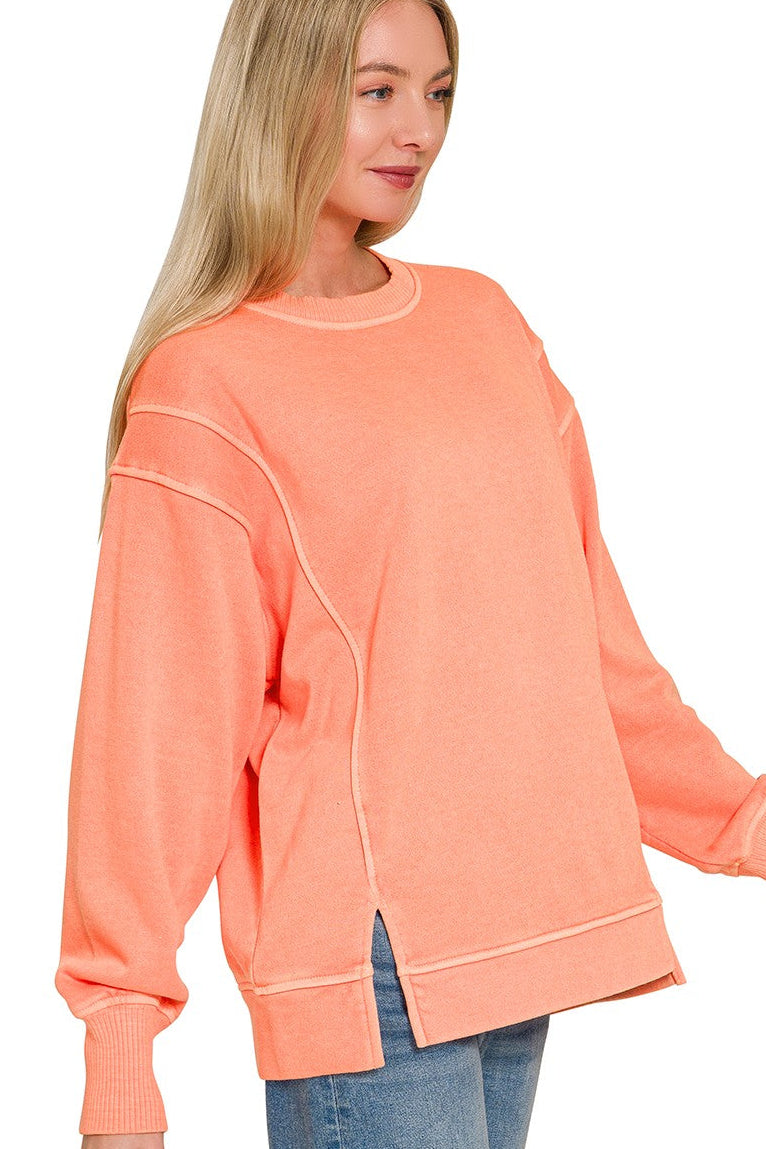 Zenana Pigment Dye Exposed Seam Fleece Sweatshirt in Coral