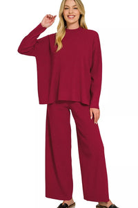Zenana Viscose Sweater Knit Top & Pants Two-Piece Set in Cabernet