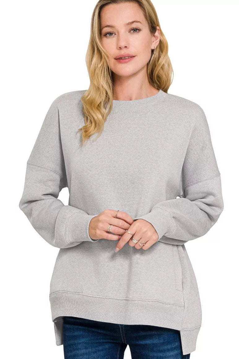 Fleece Hi-low Boyfriend Sweatshirt with Pockets - Heather Grey
