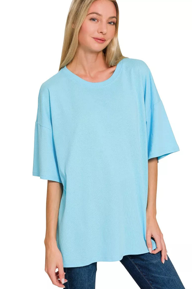 Zenana Cotton Short Sleeve Oversized Tee in Sky Blue