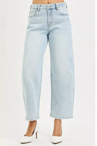 Risen High Rise Light Wash Crop Barrel Jeans