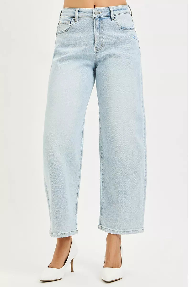 Risen High Rise Light Wash Crop Barrel Jeans