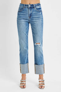 Risen High Rise Straight Jeans with Wide Cuff