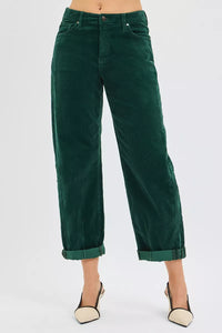 Risen High Rise Crop Barrel Corduroy Pants in Hunter Green