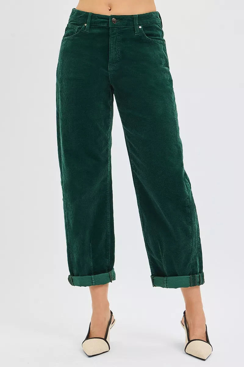 Risen High Rise Crop Barrel Corduroy Pants in Hunter Green