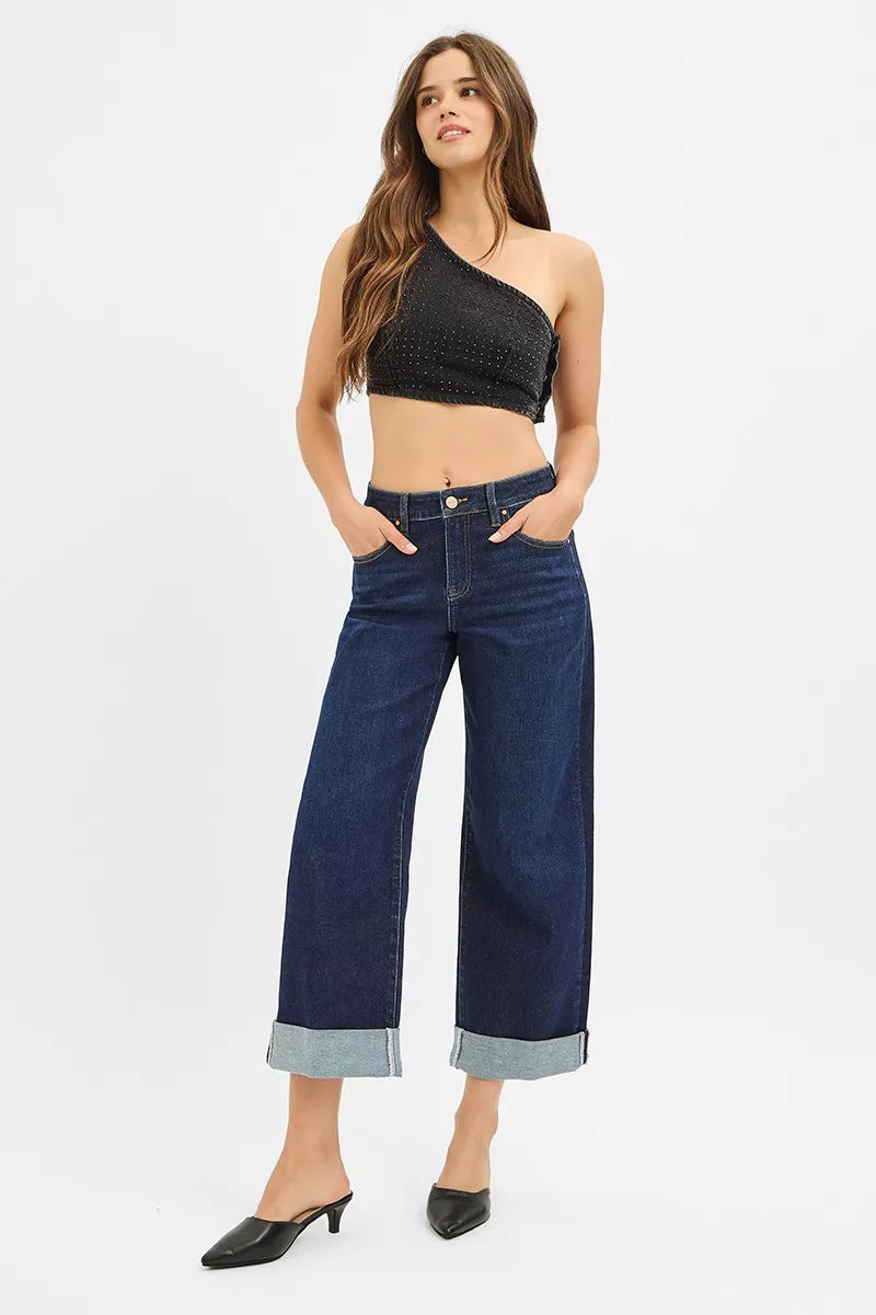 Risen Mid Rise Dark Wash Wide Leg Jeans PWC21182