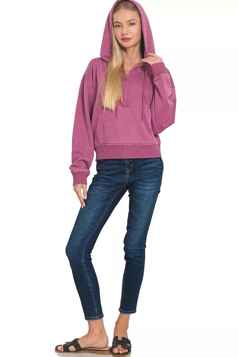 Fleece Pigment Dyed Half Zip Kangaroo Pocket Hoodie in Wine