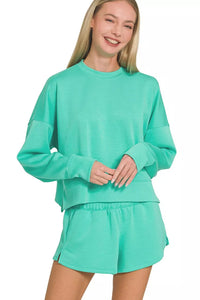 Zenana Scuba Long Sleeve Sweatshirt & Shorts Set in Mint