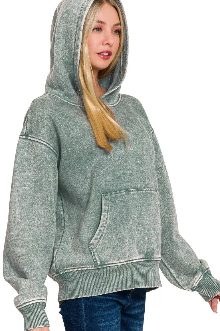 Zenana Fleece Mineral Wash Basic Hoodie in Ash Jade