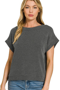 Zenana Raised Rib Striped Short Sleeve Top in Charoal