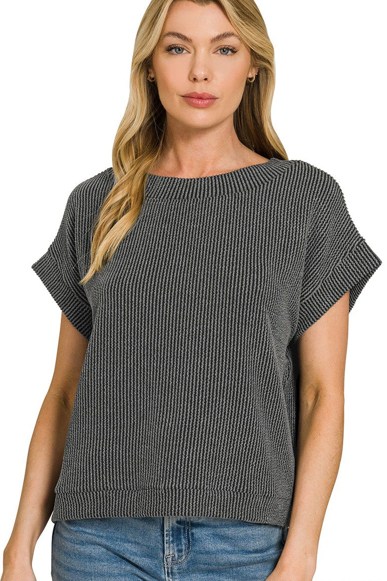 Zenana Raised Rib Striped Short Sleeve Top in Charoal