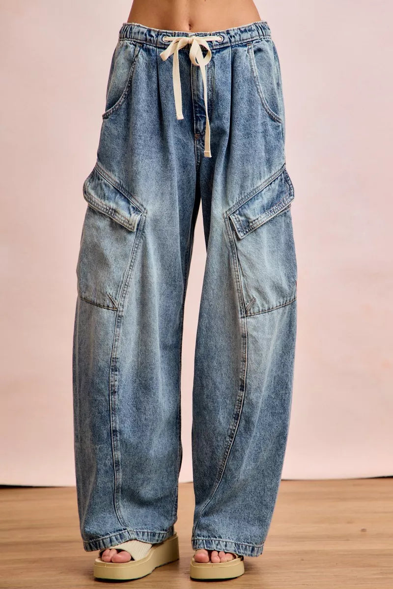 BiBi Baggy Barrel Jeans With Drawstring Waist and Cargo Pockets