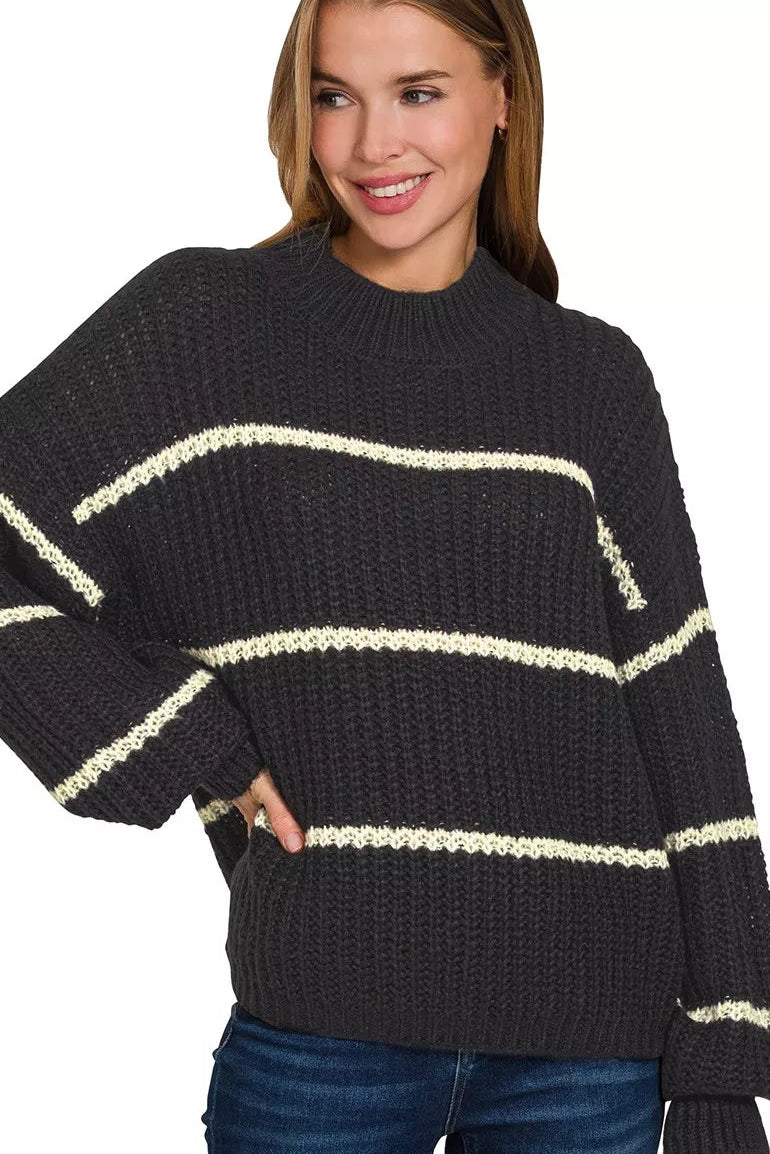 Zenana Oversize Striped Sweater in Black