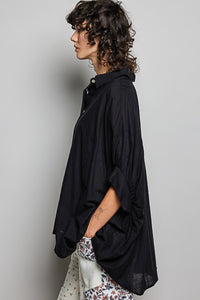 Black Cotton Button Down Half Dolman Sleeve Shirt