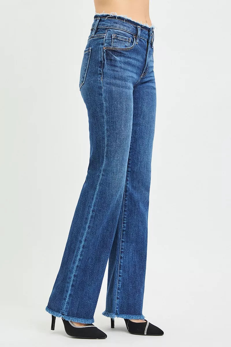 Risen Mid Rise Frayed Waistband Bootcut Jeans