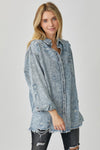 RISEN Acid Wash Distressed Raw Hem Denim Shirt