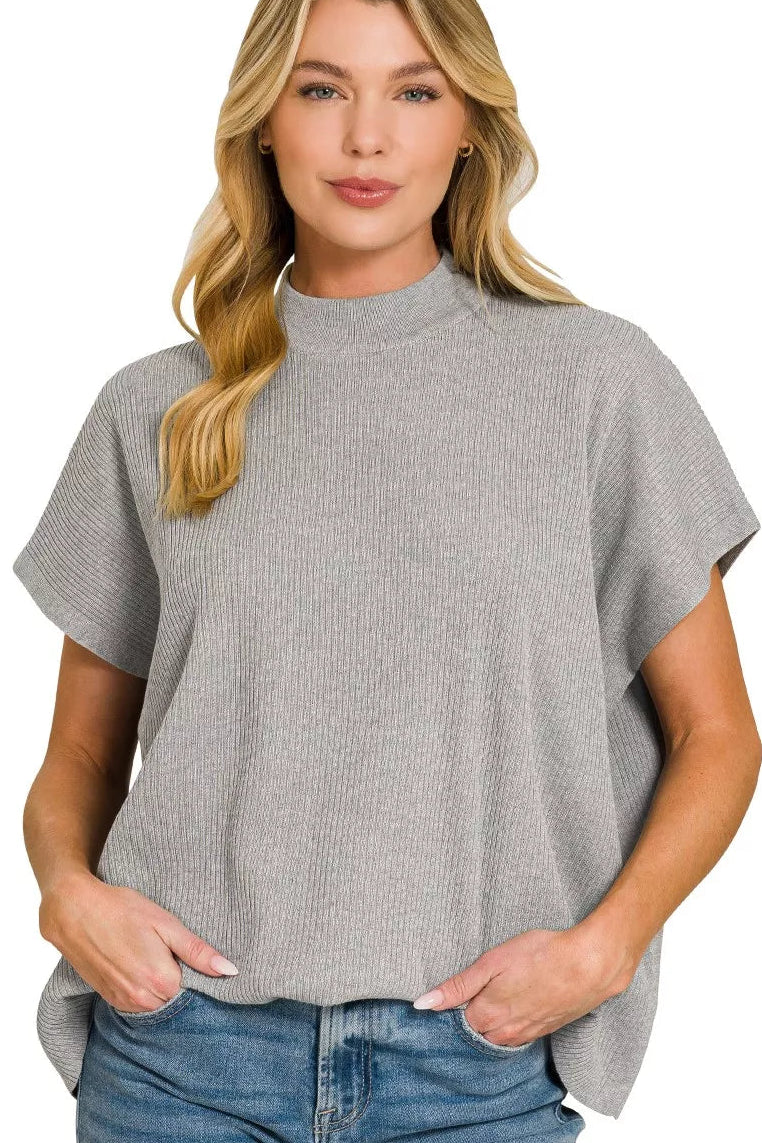 Zenana Viscose Mock Neck Short Sleeve Boxy Sweater Knit Top in Heather Grey