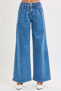 Risen High Rise Pleated Wide Leg Jeans