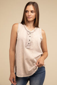 Washed Half-Button Raw Edge Sleeveless Henley Tank