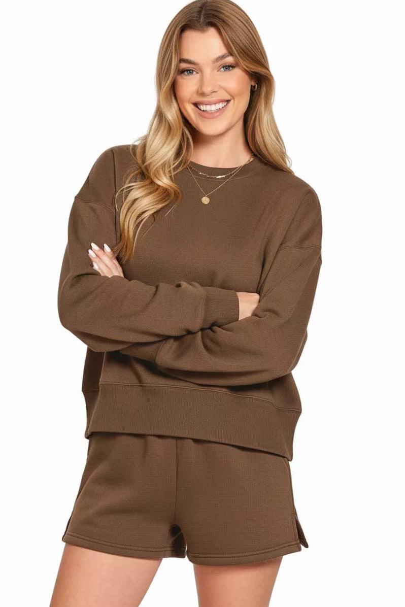 Zenana Fleece Round Neck Pullover Sweatshirt and Shorts Set in Brown