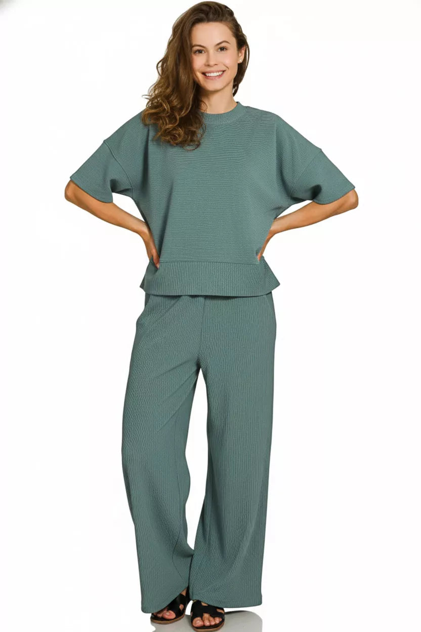 Zenana Ribbed Round Neck Pullover and Pants Set in Ash Jade
