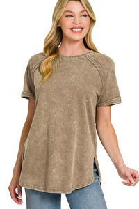 Zenana French Terry Washed Curved Hem Top in Mocha