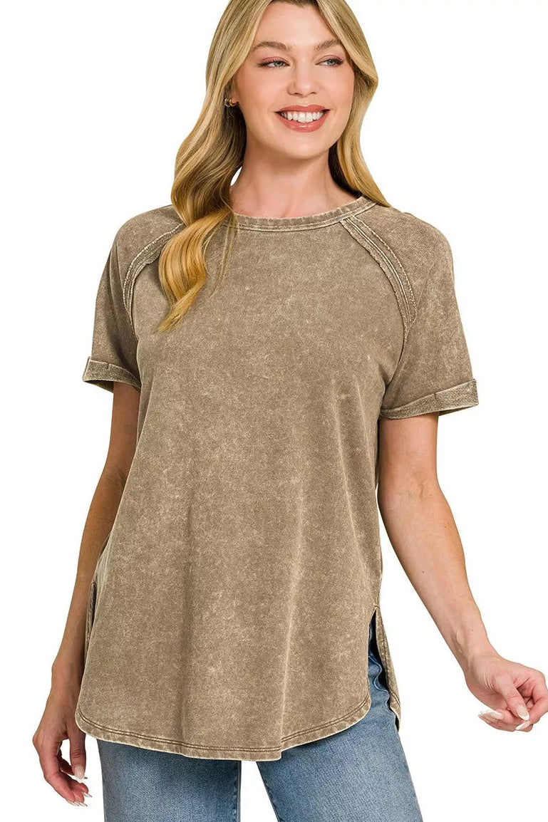 Zenana French Terry Washed Curved Hem Top in Mocha