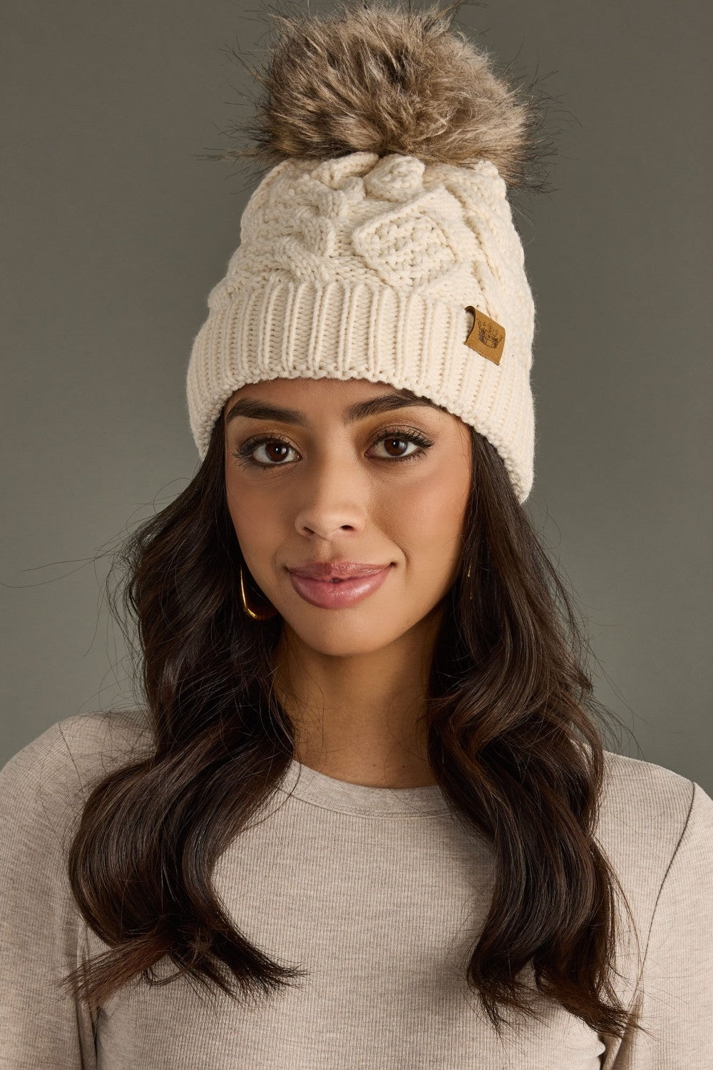Ivory Cable Knit Fleece Lined Hat