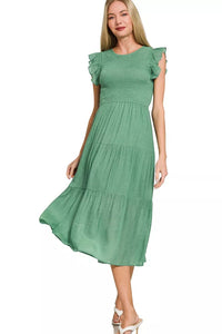 Woven Smocked Ruffle Sleeve Midi Dress in Jade Green