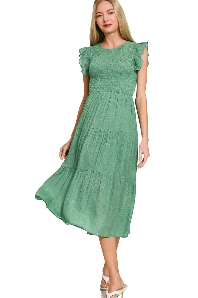 Woven Smocked Ruffle Sleeve Midi Dress in Jade Green