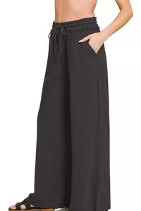 Zenana Exposed Seam Wide Leg French Terry Sweatpants in Black