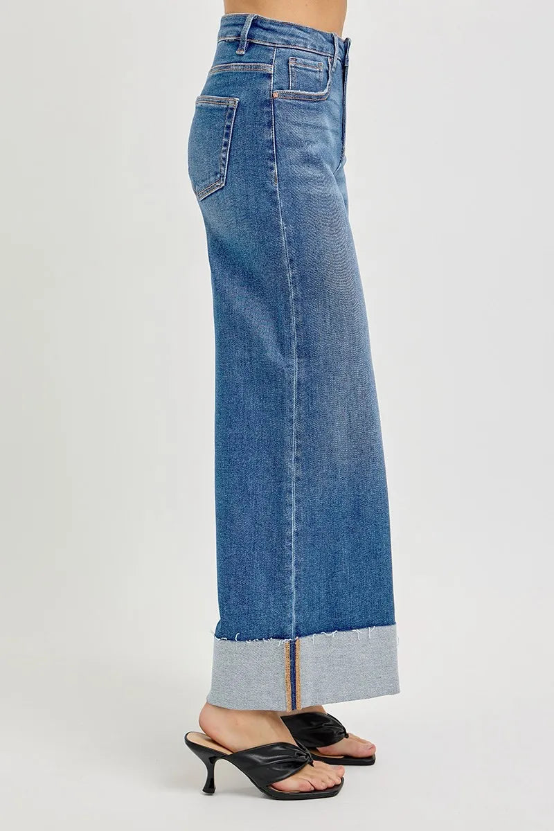 Risen High Rise Tummy Control Cuffed Wide Leg Jeans