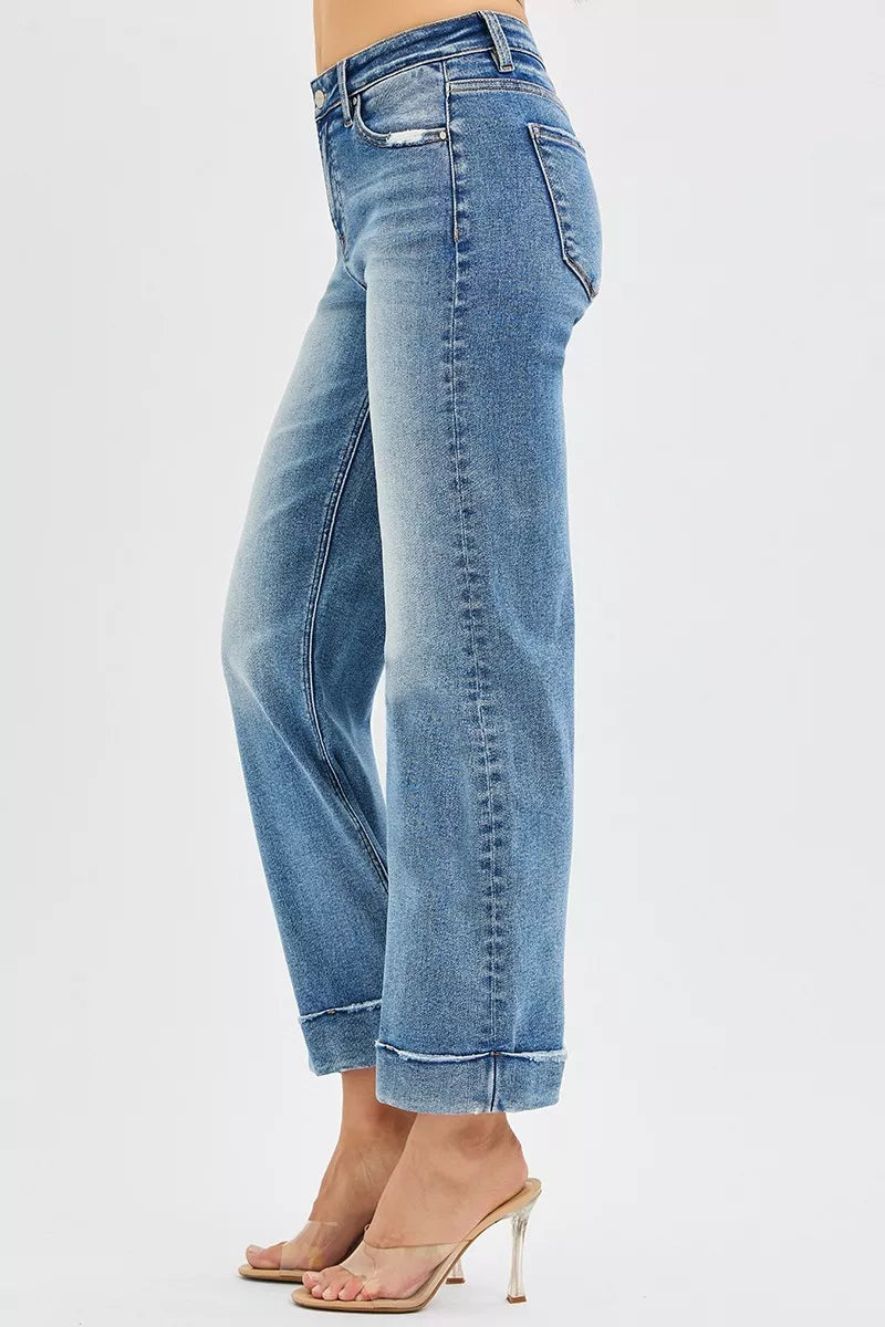 Risen Mid Rise Crop Straight Cuffed Jeans